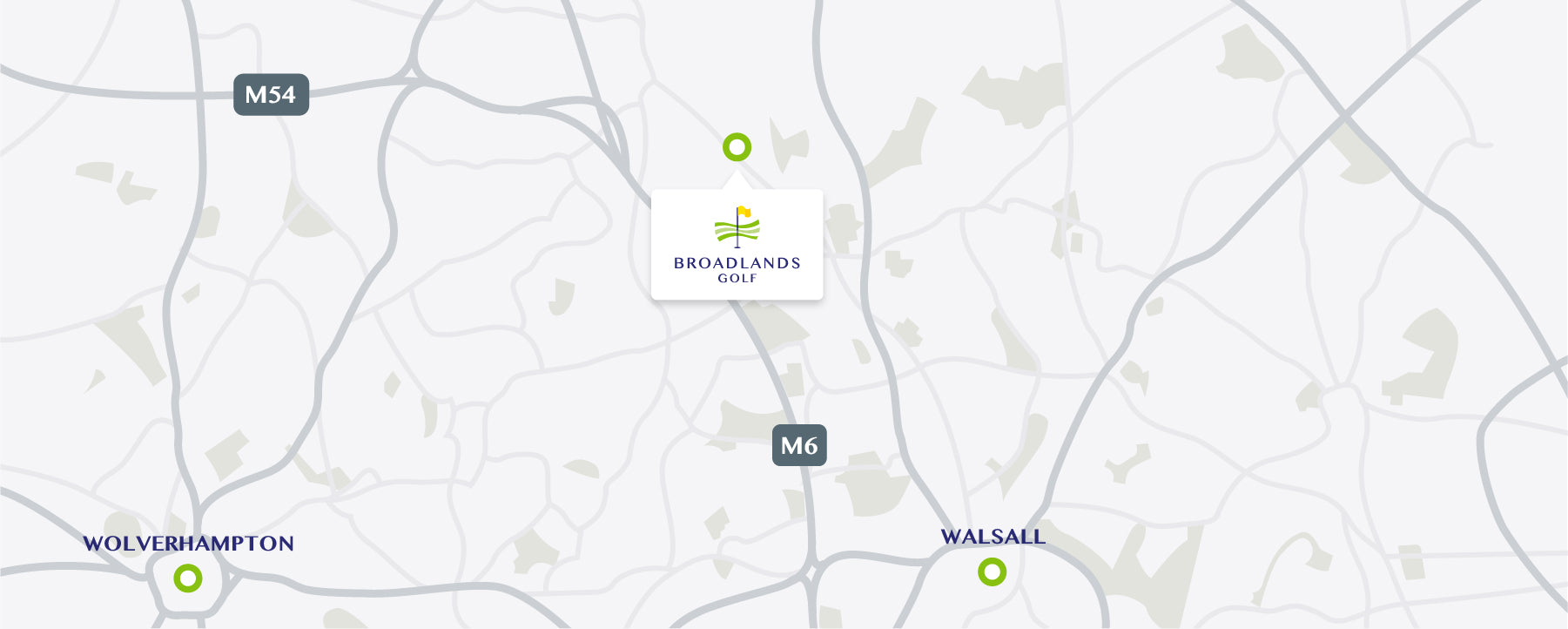 Map showing Broadlands Golf location near Wolverhampton, M54 and M6
